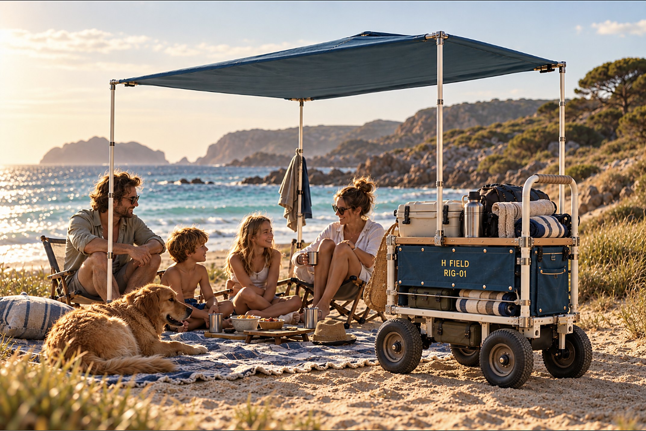 H Field RIG-01 on a beach with a family under its awning